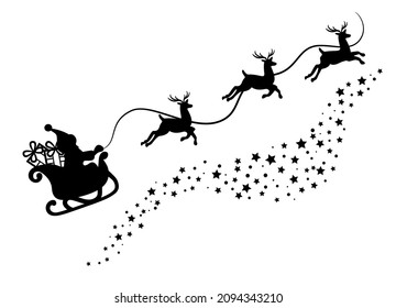 Santa Claus in a sleigh with reindeers black silhouettes for cut templates