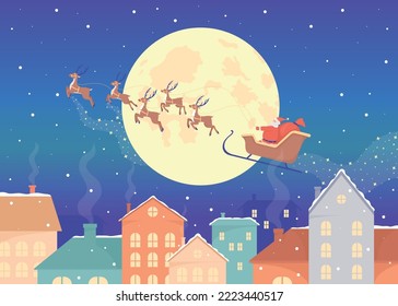 Santa Claus sleigh and reindeers flying above town flat color vector illustration. Xmas. Winter season. Fully editable 2D simple cartoon characters with festive Christmas atmosphere on background