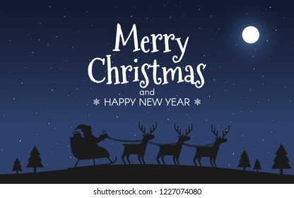 Santa Claus in sleigh with reindeers. Merry Christmas night landscape. Sky and moon. Happy New Year concept for card, print, invitation, flyer, banner. Vector illustration.