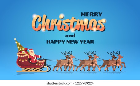 Santa claus in sleigh with reindeers merry christmas happy new year greeting card winter holidays concept horizontal flat vector illustration