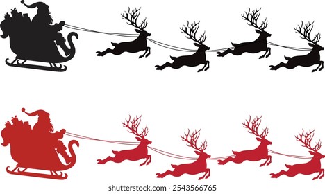 Santa Claus with Sleigh and Reindeers Silhouette in Black and Red Versions