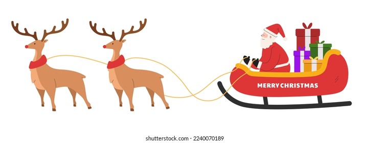 Santa Claus sleigh ride with reindeer, Delivering presents, Merry Christmas Day, Decorations in festival, Banner vector illustration