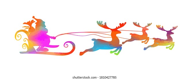 Santa Claus in a sleigh rides on deer. Vector illustration