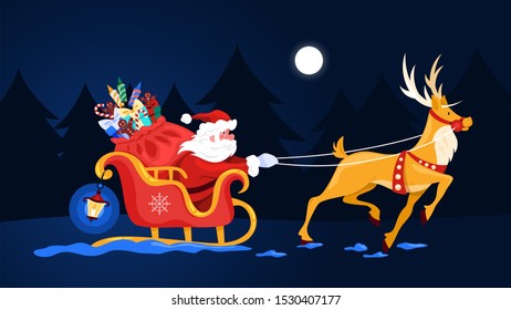 Santa Claus in sleigh and running deer. Christmas character with gift bag riding in the snow. Winter holiday celebration. Vector illustration in cartoon style