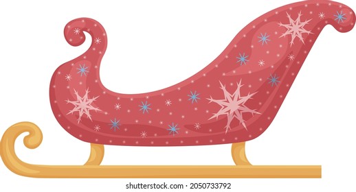 Santa Claus sleigh. Santa's bright red sleigh decorated with white and blue snowflakes. Santa Claus Christmas transport. Vector illustration isolated on a white background