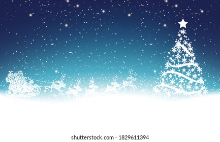 Santa claus in sleigh and snow tree, vector art illustration.
