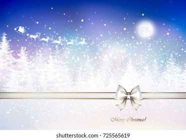 Santa Claus in a sleigh sweeps over the winter forest