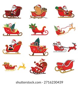 Santa Claus Sleigh Vetor Coleção. Flying Reindeer Transport with Gifts and Cute Capybara Character. Elementos de entrega de feriado para cartões.