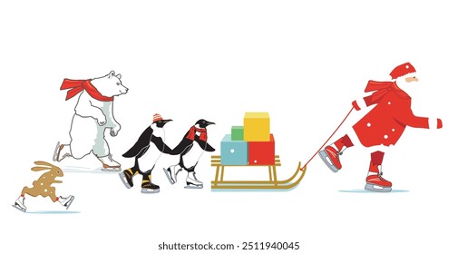 Weihnachtsmann mit Schlitten beim Eislaufen, Illustration