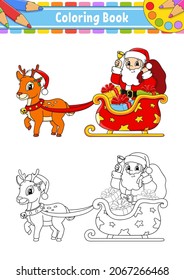 Santa Claus sleigh. Winter deer. Christmas theme. Coloring book page for kids. Cartoon style. Vector illustration isolated on white background.