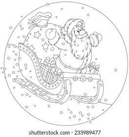 Santa Claus sleighing with Christmas gifts