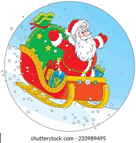 Santa Claus sleighing with Christmas gifts