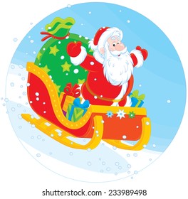 Santa Claus sleighing with Christmas gifts