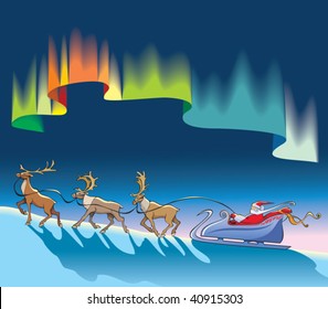 Santa Claus sleighing, Christmas reindeer, under northern lights (aurora borealis), polar night background, vector illustration