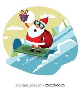 Santa Claus sliding and jumping on a snowy mountain slope during winter, flat style cartoon background, vector illustration.
