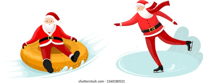 Santa Claus sliding from snowy hill on rubber circle and skating character. Vector illustration isolated on white background. Winter sports on ice. 
