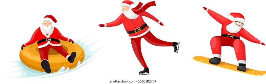 Santa Claus sliding from snowy hill on rubber circle. Snowboarding and ice skating character. Vector illustration isolated on white background. Winter sports. 