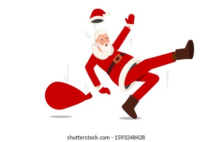 Santa claus slips and falls.