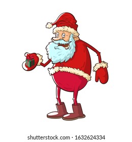 Santa claus with small gift. Funny cartoon character.