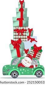 Santa Claus in a small green xmas car with a mountain of merry christmas gifts in circus pattern boxswith ribbons, happy new year
