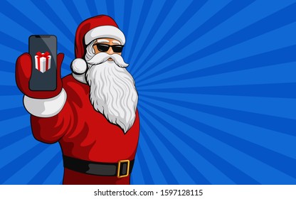 Santa Claus with smartphone and gift on the screen. Pop art vector illustration on a blue background.