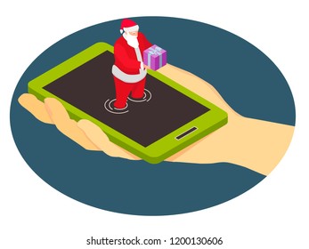 Santa Claus from a smartphone gives a gift. Isometric abstraction on the topic of Christmas gifts from a mobile phone company.