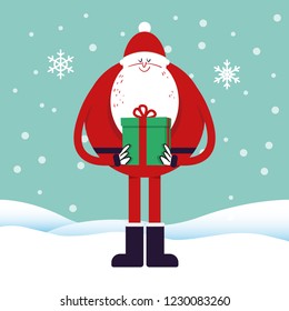 Santa claus with smile cartoon giving gift. Flat design vector illustration.