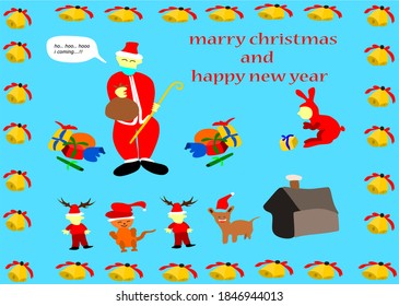 Santa Claus smiles while giving gifts to children and some animals during Christmas and New Year celebrations at home