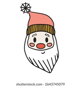 Santa Claus smiley face with white beard and red nose, wearing red beanie hat with white snowflake pom-pom. Vector illustration on separate white background.