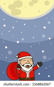 Santa claus smiley face,he is raising hand to touch snow flake ,moon and moonlight background,