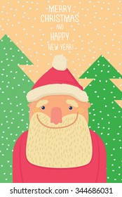 Santa Claus smiling at the background of christmastrees with the lettering Merry Christmas and Happy New Year