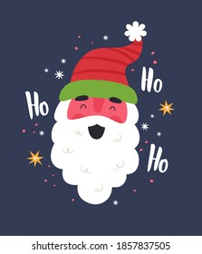 Santa Claus smiling face and Ho Ho Ho phrase. Vector illustration in flat style.	