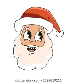 Santa Claus smiling face vector icon. New Year fairy tale personage. Smiling head with red hat for Christmas card. Fictional folklore character for winter holiday. Pop art retro sticker of Santa.