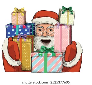 santa claus smiling holding big pile of gifts christmas presents time winter holidays symbol isolated on white background