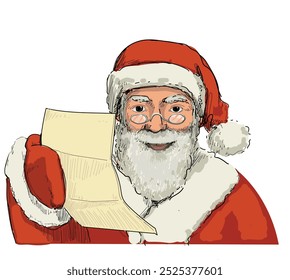 santa claus smiling holding list of good kids christmas presents time winter holidays symbol isolated on white background