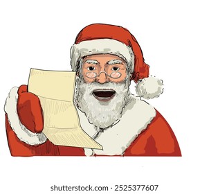 santa claus smiling holding list of good kids christmas presents time winter holidays symbol isolated on white background