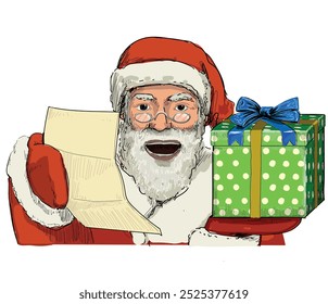 santa claus smiling holding list of good kids and gift christmas presents time winter holidays symbol isolated on white background