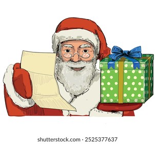 santa claus smiling holding list of good kids christmas presents time winter holidays symbol isolated on white background