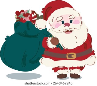 Santa claus, smiling joyfully christmas gift and a green bag filled with presents, preparing to spread holiday cheer and celebrate the magic of the season. For  card, vdo, present.