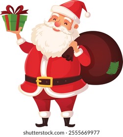 Santa claus, smiling joyfully, holds a colorful christmas gift and a bag filled with presents, preparing to spread holiday cheer and celebrate the magic of the season