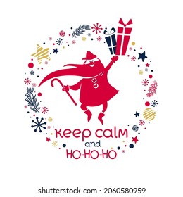 Santa Claus smiling and jumping with gift box. Merry Christmas doodle vector illustration. Cartoon greeting card, holiday poster, banner.  Circle frame, stars, snowflakes. Keep calm and ho-ho-ho!