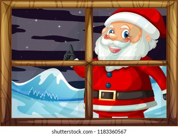 Una claus santa sonriendo afuera de la ilustración de la ventana