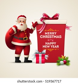 Santa Claus smiling and show huge gift box. Merry Christmas and Happy New Year text on the box. Christmas vector illustration. 