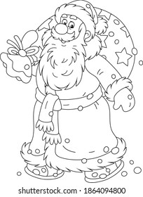 Santa Claus smiling and walking in hurry with his big magic bag of winter holiday gifts for little children, black and white outline vector cartoon illustration for a coloring book page