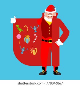 Santa Claus Smuggler selling gifts. Cloak-seller Male organs. Dealer in hat and coat . Bootlegger. Seller prohibited goods of black marke. Legitimate trade. Vector illustration
