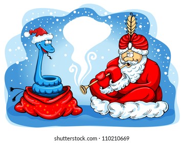 Santa Claus as a snake charmer. Creative design by 2013.