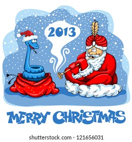 Santa Claus as a snake charmer. Creative design by 2013.