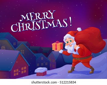 Santa claus sneaking with a gift in his hand and carrying sack of gifts. Christmas cartoon character