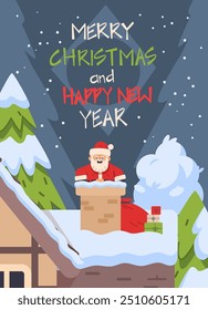 Santa Claus sneaks into chimney of house with giftboxes. Vertical Christmas banner