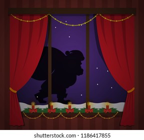Santa Claus sneaks outside the window. New year's night. From the cozy room you can see the silhouette of Santa outdoor, he sneaks to bring gifts. Christmas night, it's snowing. 
